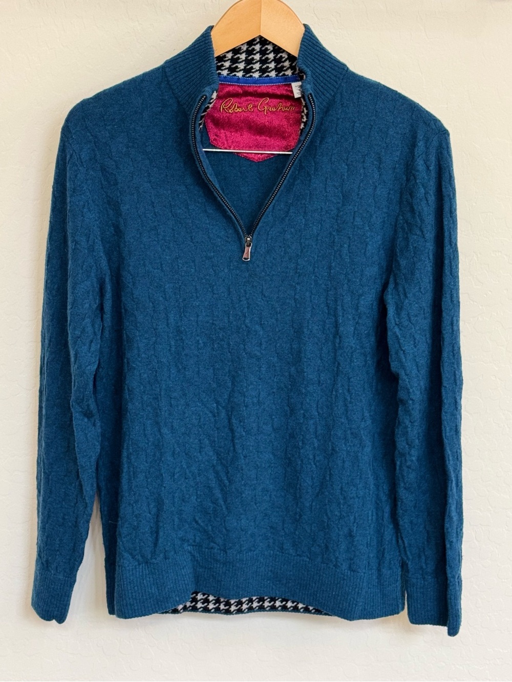 Robert Graham Teal Wool Basketweave Quarter Zip Sweater Houndstooth Trim Men's S